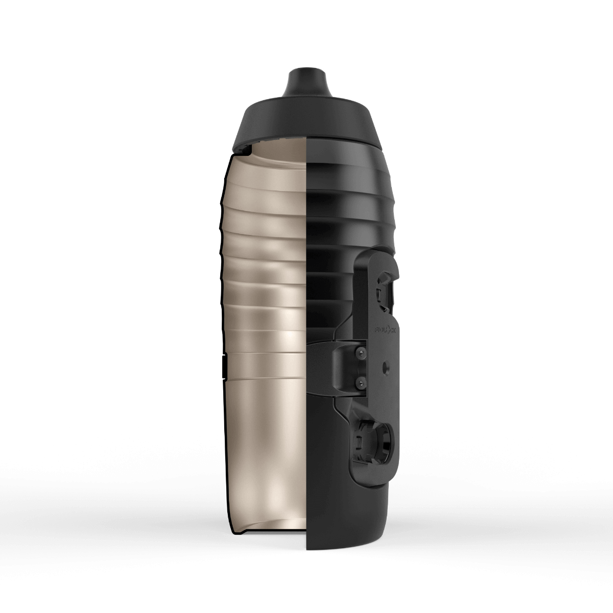 Schnitt der schwarzen Fahrradflasche TWIST x KEEGO 0.6L mit sichtbarem Titan-Innenleben