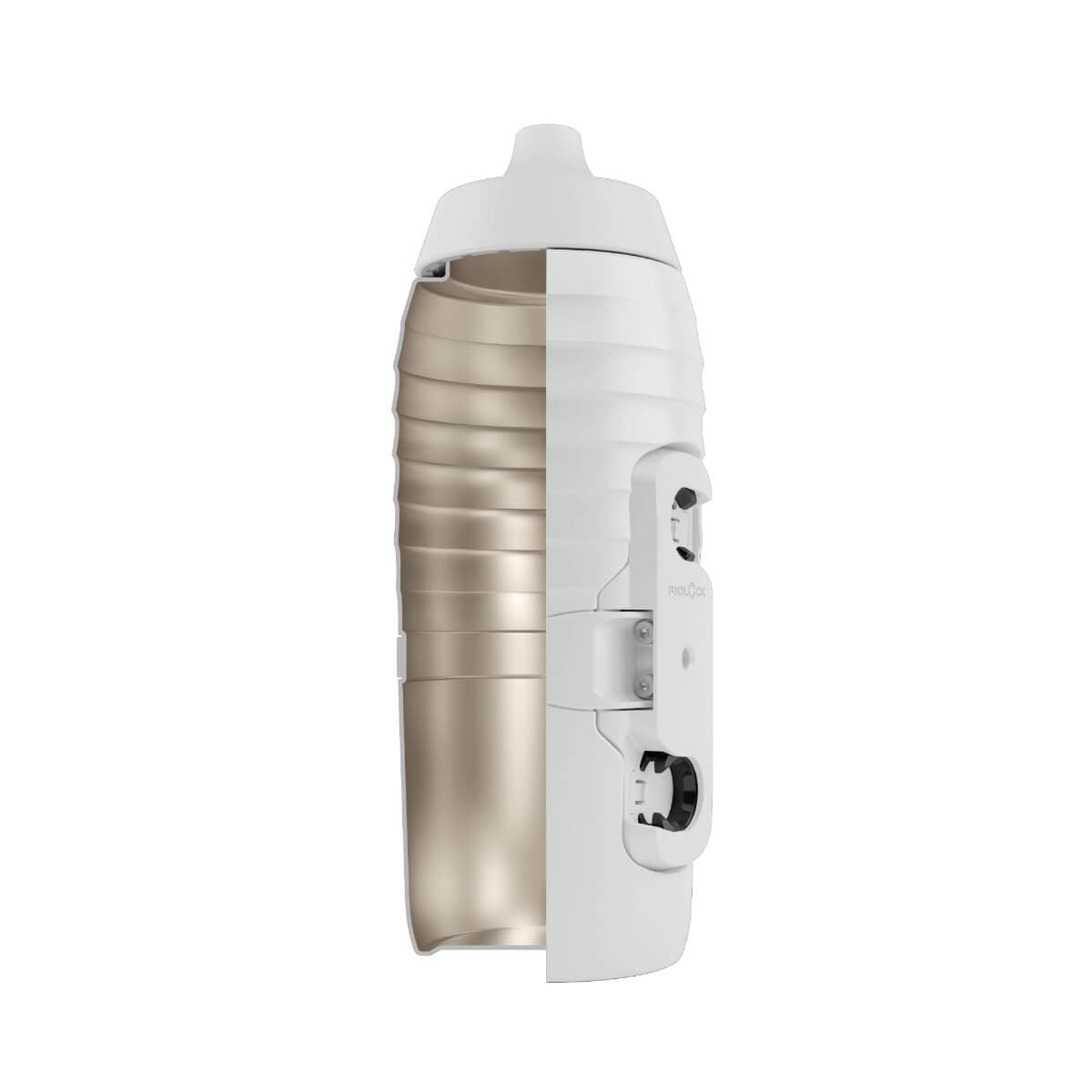 Schnitt der weissen Fahrradflasche TWIST x KEEGO 0.6L mit sichtbarem Titan-Innenleben