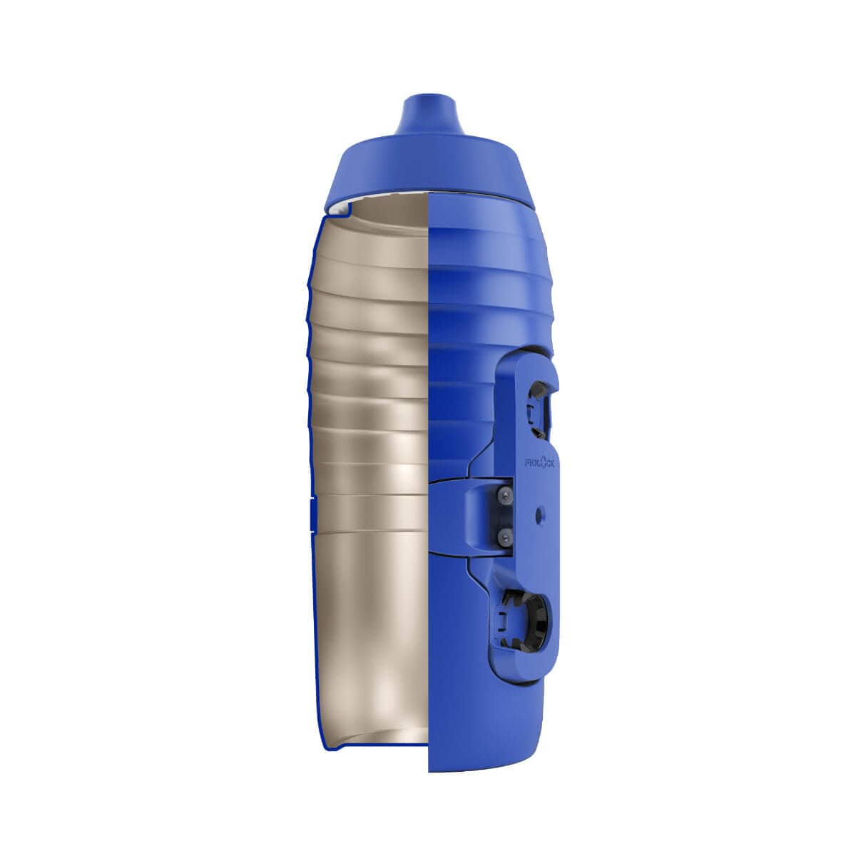 Schnitt der blauen Fahrradflasche TWIST x KEEGO 0.6L aufrecht mit sichtbarem Titan-Innenleben