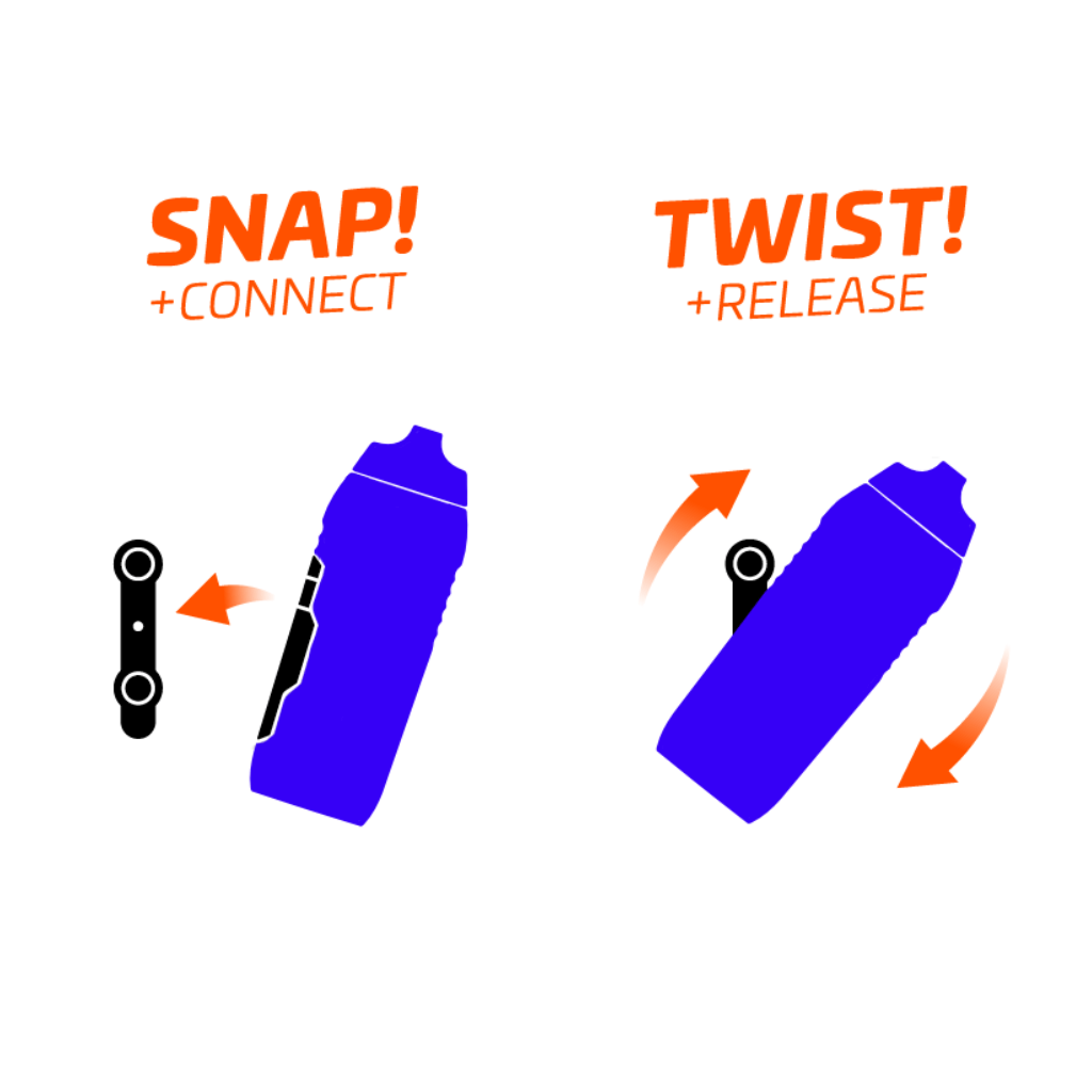 Abgebildet ist das Fidlock-Twist-Prinzip zusammen mit der Keego Fahrradflasche