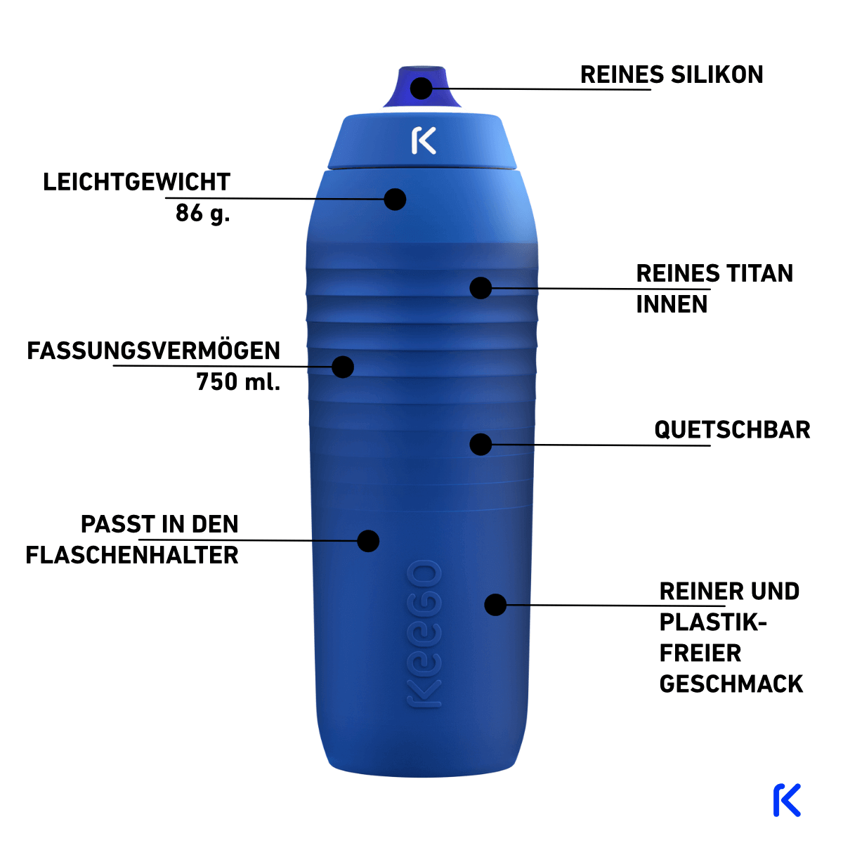 Blaue Keego Trinkflasche 0.75l mit Hinweisen auf Produktdetails