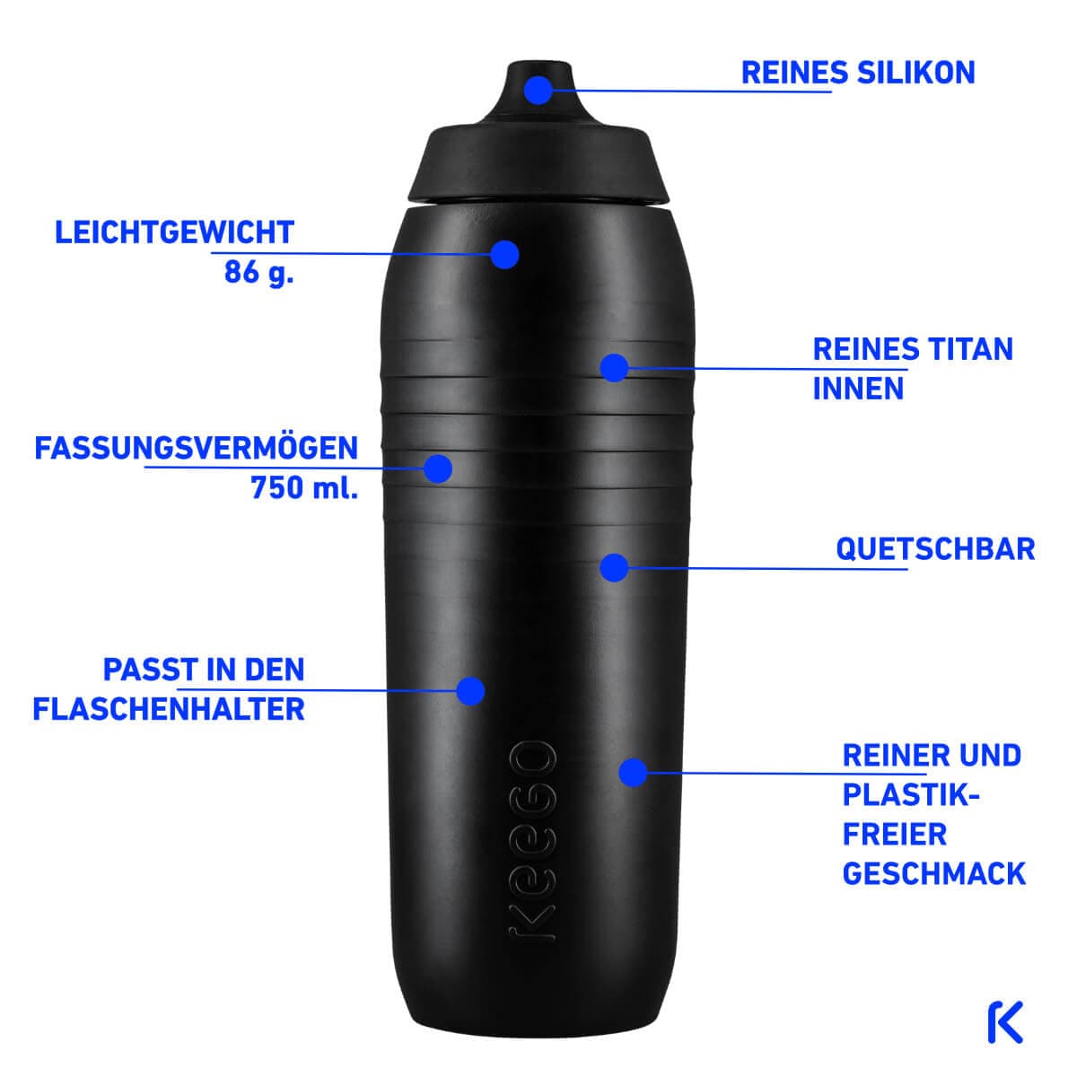 Schwarze Keego Trinkflasche 0.75l mit detaillierten Angaben