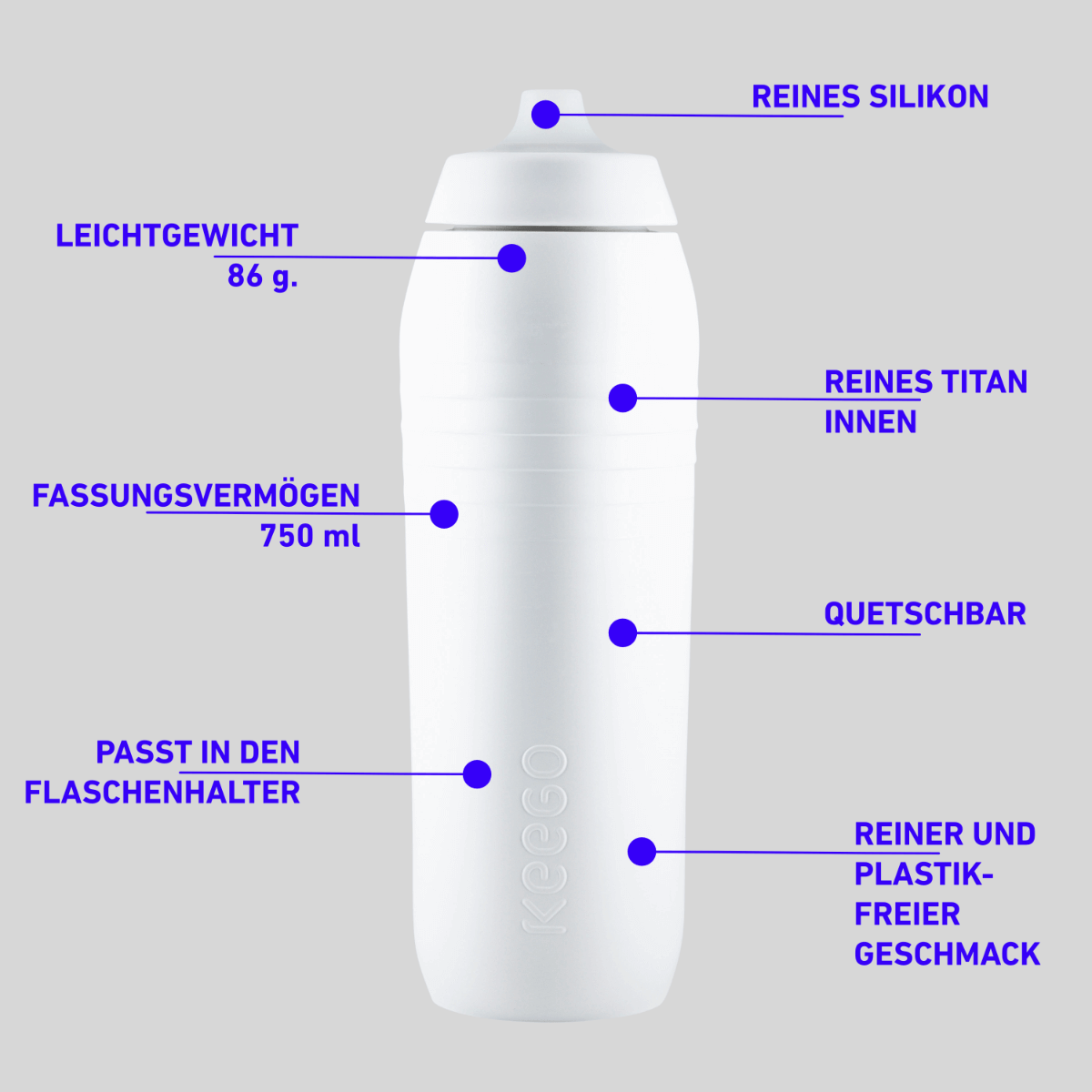 White tasteless Keego drinking bottle 0.75l in the air with references to product details