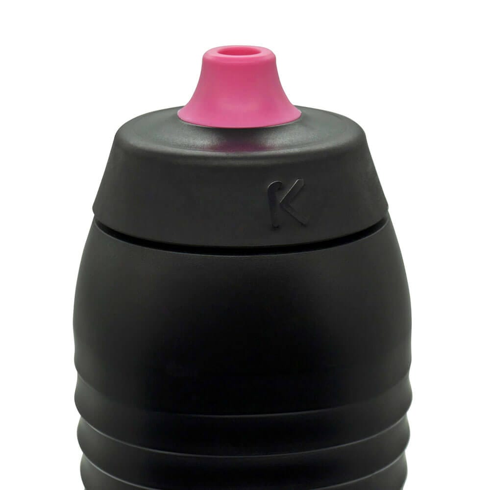 Black Keego drinking bottle with the Easy Clean nub of pure silicone pink