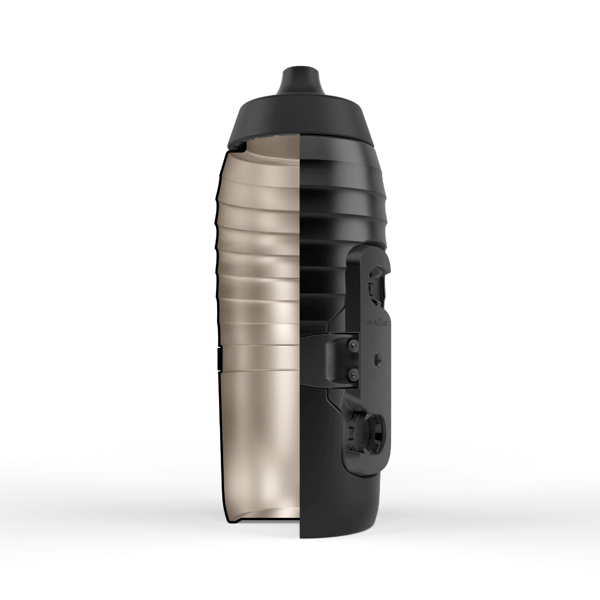 Cut of black bicycle bottle TWIST x KEEGO 0.6L with visible titanium interior