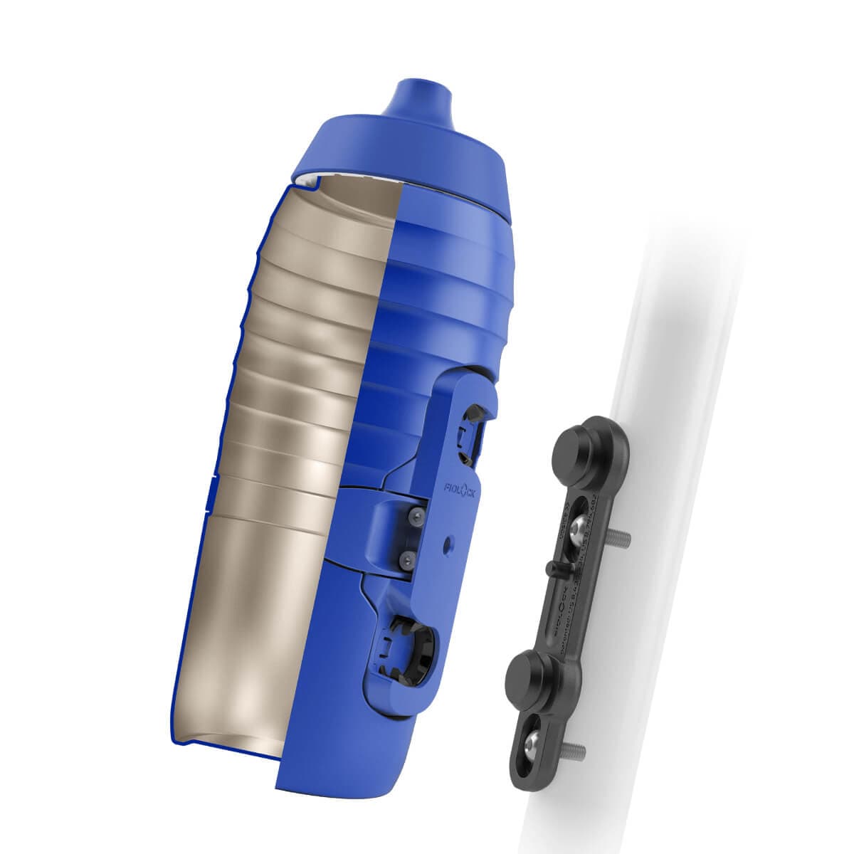 Cut of the blue bicycle bottle TWIST x KEEGO 0.6L with visible titanium interior and the FIDLOCK bottle cage