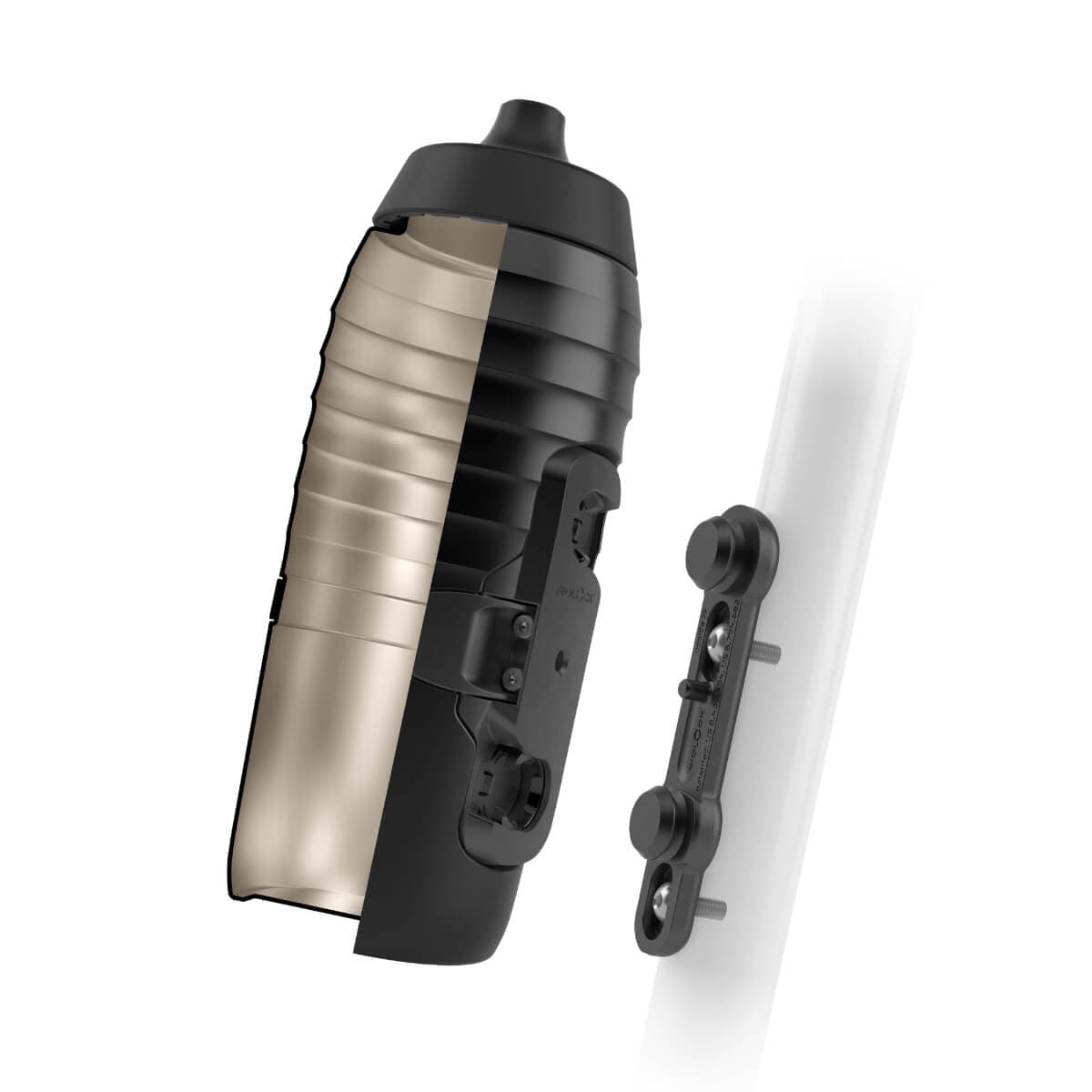 Cut of the black bicycle bottle TWIST x KEEGO 0.6L with visible titanium interior and the magnetic FIDLOCK bottle cage